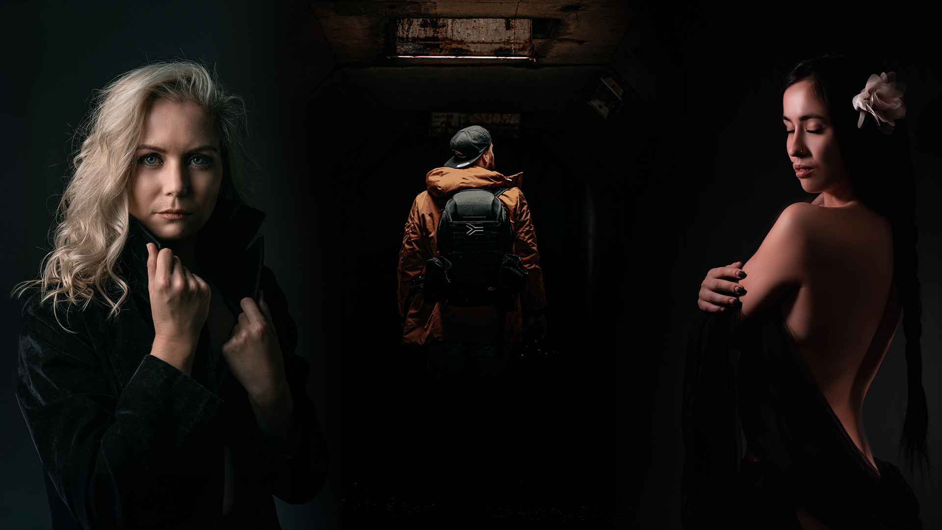 Charles Pitout standing in a dark tunnel with portrait work fading into the shadows